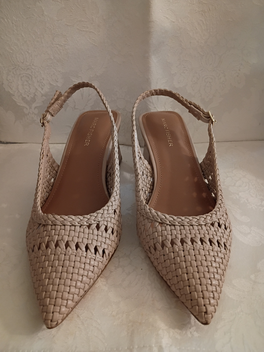 Marc Fisher Nude/Beige Lulia Vegan Leather Woven Slingback Block Heel Sz 8